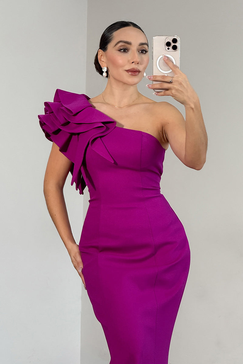 Load image into Gallery viewer, Dark Purple Satin One Shoulder Mermaid Long Prom Dress
