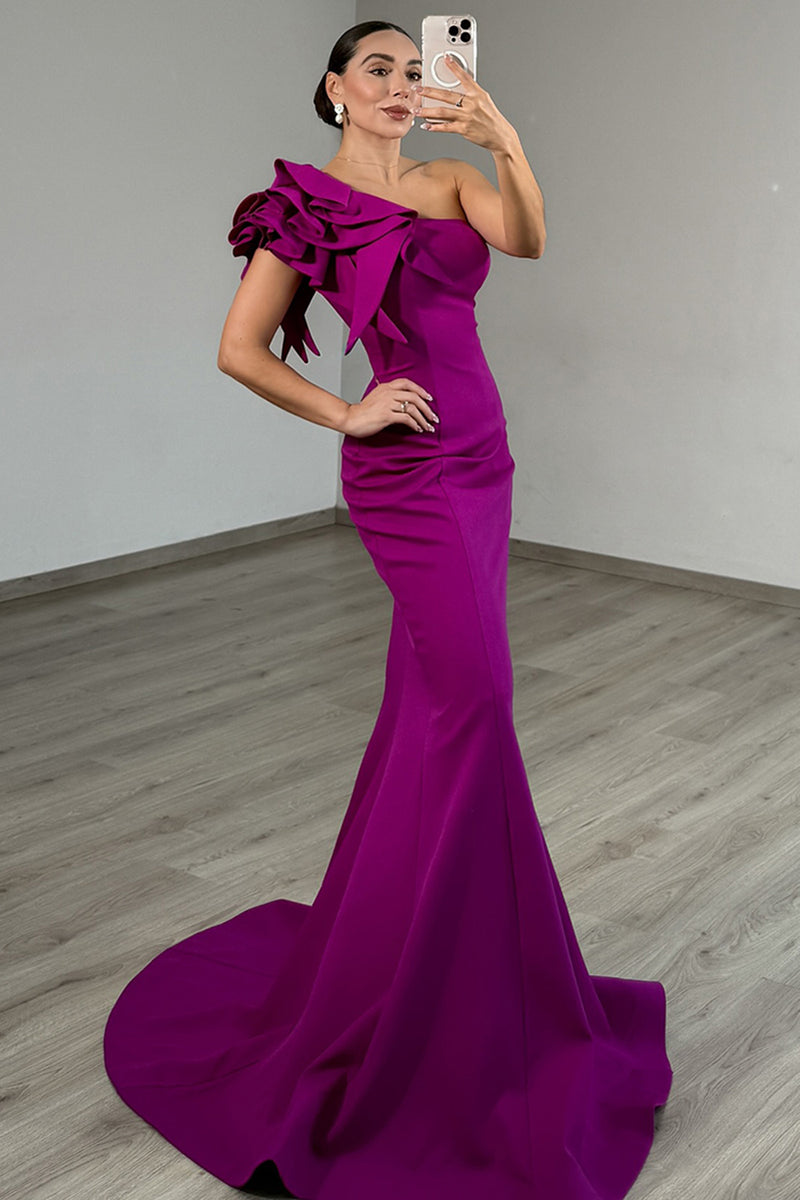 Load image into Gallery viewer, Dark Purple Satin One Shoulder Mermaid Long Prom Dress