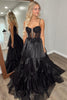 Load image into Gallery viewer, Sparkly Black A Line Spaghetti Straps Long Prom Dress with Ruffles