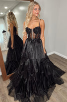 Load image into Gallery viewer, Sparkly Black A Line Spaghetti Straps Long Prom Dress with Ruffles