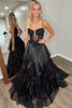 Load image into Gallery viewer, Sparkly Black A Line Spaghetti Straps Long Prom Dress with Ruffles