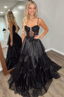 Load image into Gallery viewer, Sparkly Black A Line Spaghetti Straps Long Prom Dress with Ruffles