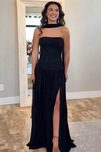 Black Sheath Neck Scarf Strapless Long Prom Dress with Slit