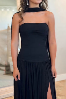 Black Sheath Neck Scarf Strapless Long Prom Dress with Slit