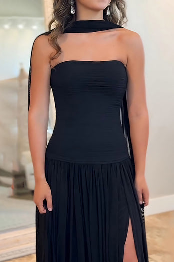 Black Sheath Neck Scarf Strapless Long Prom Dress with Slit