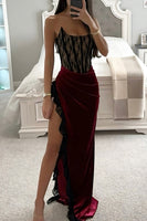 Load image into Gallery viewer, Burgundy Sheath Velvet Strapless Ruched Long Prom Dress with Slit