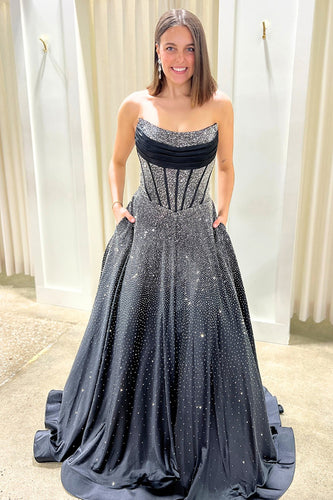 Sparkly Black A Line Strapless Long Corset Prom Dress with Beading