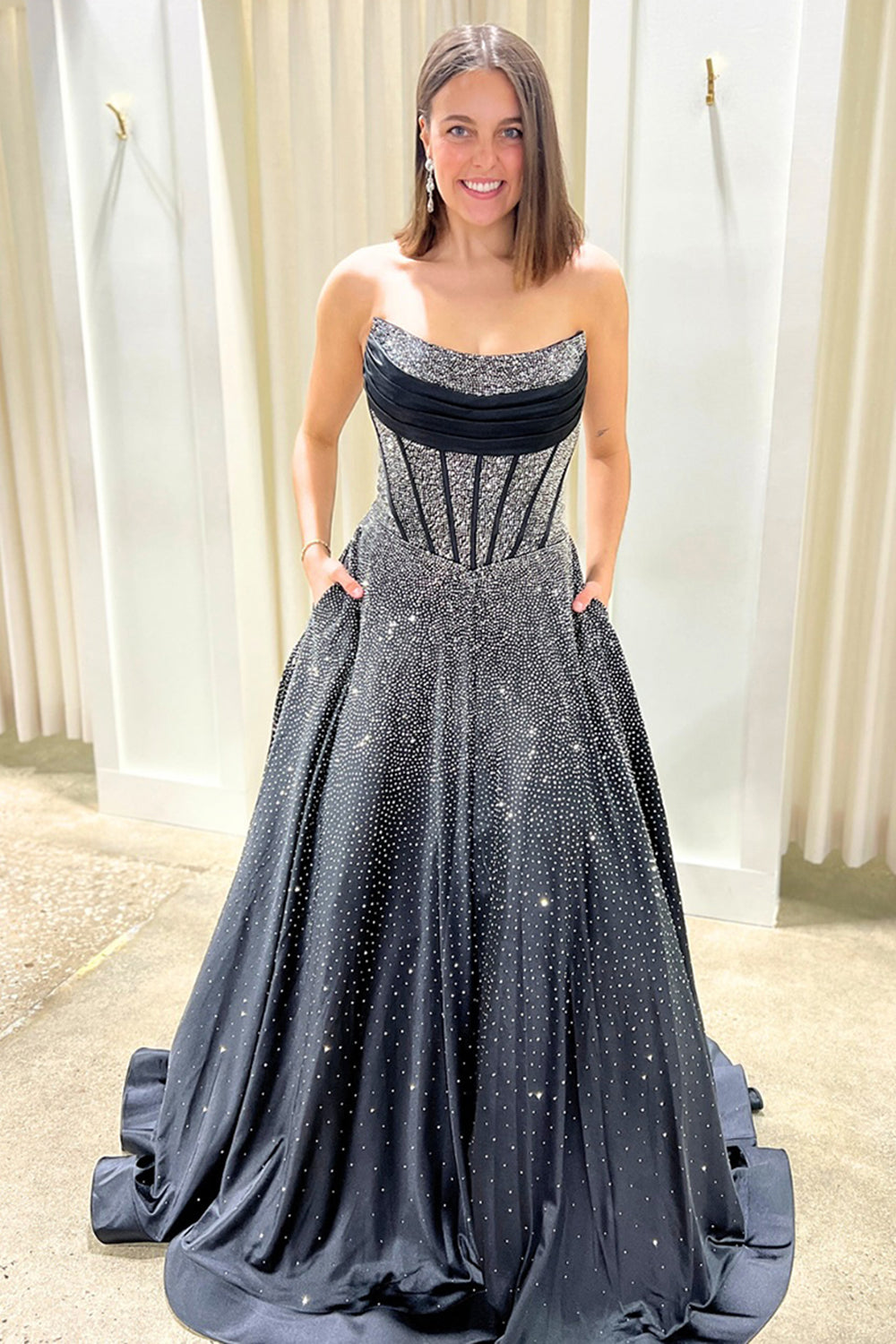 Sparkly Black A Line Strapless Long Corset Prom Dress with Beading