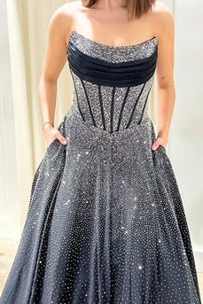 Sparkly Black A Line Strapless Long Corset Prom Dress with Beading