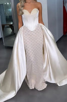Load image into Gallery viewer, Sparkly White Satin Mermaid Sweetheart Long Corset Prom Dress with Cape