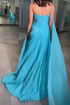 Blue Chiffon A Line Sweetheart Long Prom Dress with Side Cape