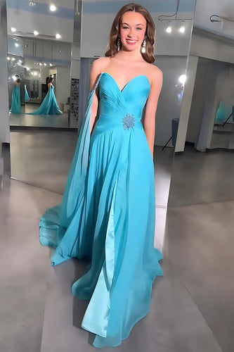 Blue Chiffon A Line Sweetheart Long Prom Dress with Side Cape