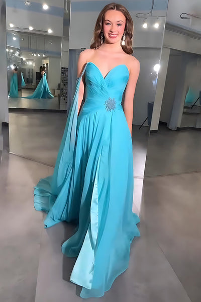 Blue Chiffon A Line Sweetheart Long Prom Dress with Side Cape