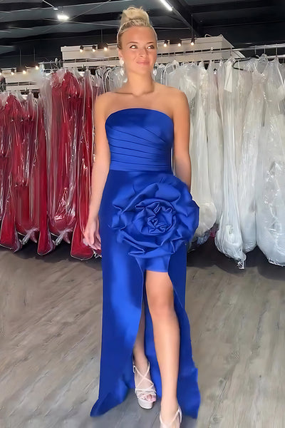Royal Blue Satin Sheath Strapless Long Prom Dress with 3D Flower