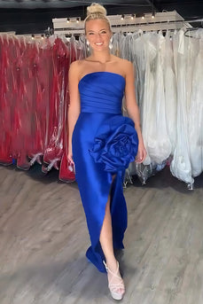 Royal Blue Satin Sheath Strapless Long Prom Dress with 3D Flower