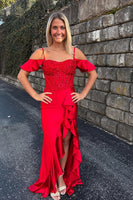 Load image into Gallery viewer, Red Ruffled Cold Shoulder Corset Maxi Prom Dress with Slit