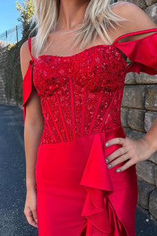 Red Ruffled Cold Shoulder Corset Maxi Prom Dress with Slit