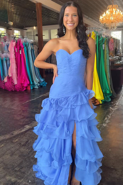 Blue Sweetheart Ruffled A Line Maxi Prom Dress with Slit