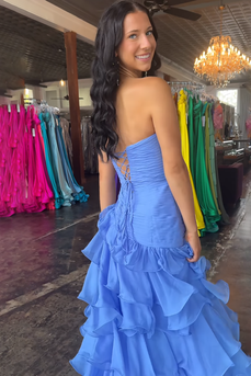 Blue Sweetheart Ruffled A Line Maxi Prom Dress with Slit
