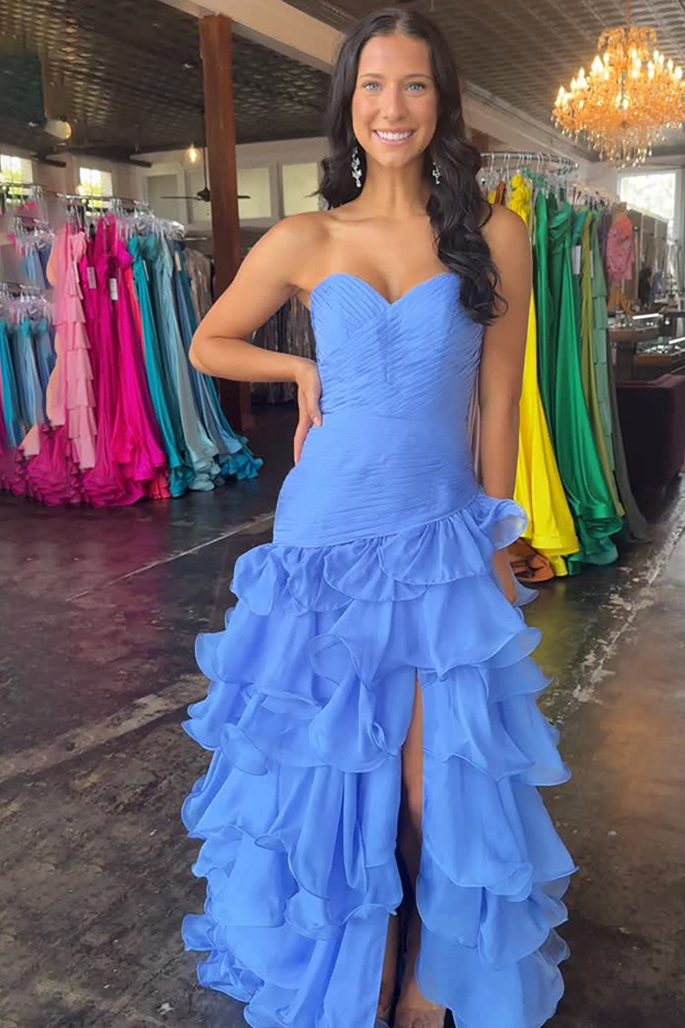 Blue Sweetheart Ruffled A Line Maxi Prom Dress with Slit