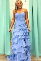 Load image into Gallery viewer, Blue Sweetheart Ruffled A Line Maxi Prom Dress with Slit