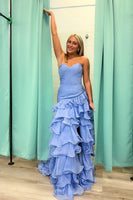 Load image into Gallery viewer, Blue Sweetheart Ruffled A Line Maxi Prom Dress with Slit