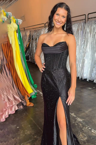 Sparkly Black Beaded Sweetheart Maxi Corset Prom Dress with Slit