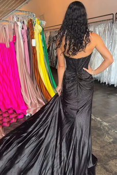 Sparkly Black Beaded Sweetheart Maxi Corset Prom Dress with Slit