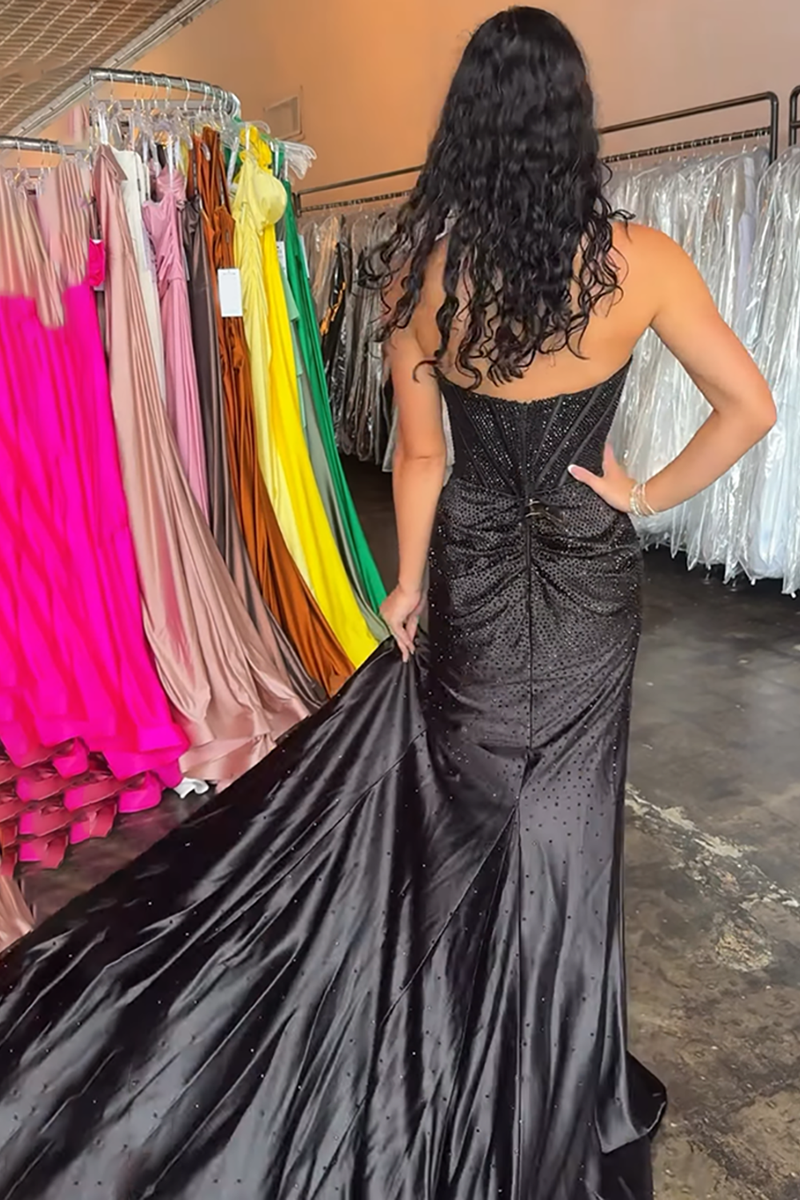 Load image into Gallery viewer, Sparkly Black Beaded Sweetheart Maxi Corset Prom Dress with Slit