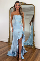 Load image into Gallery viewer, Sparkly White Floral Ruffled Strapless Maxi Prom Dress with Slit