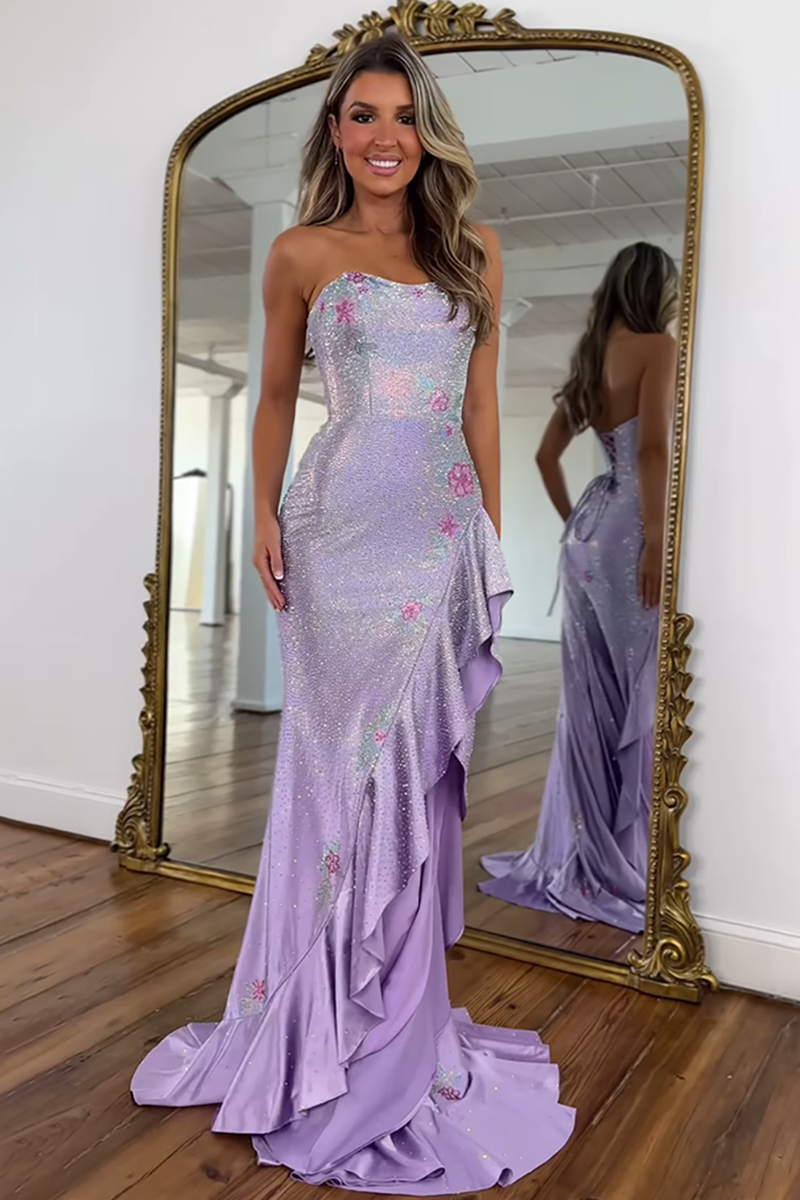 Load image into Gallery viewer, Sparkly White Floral Ruffled Strapless Maxi Prom Dress with Slit