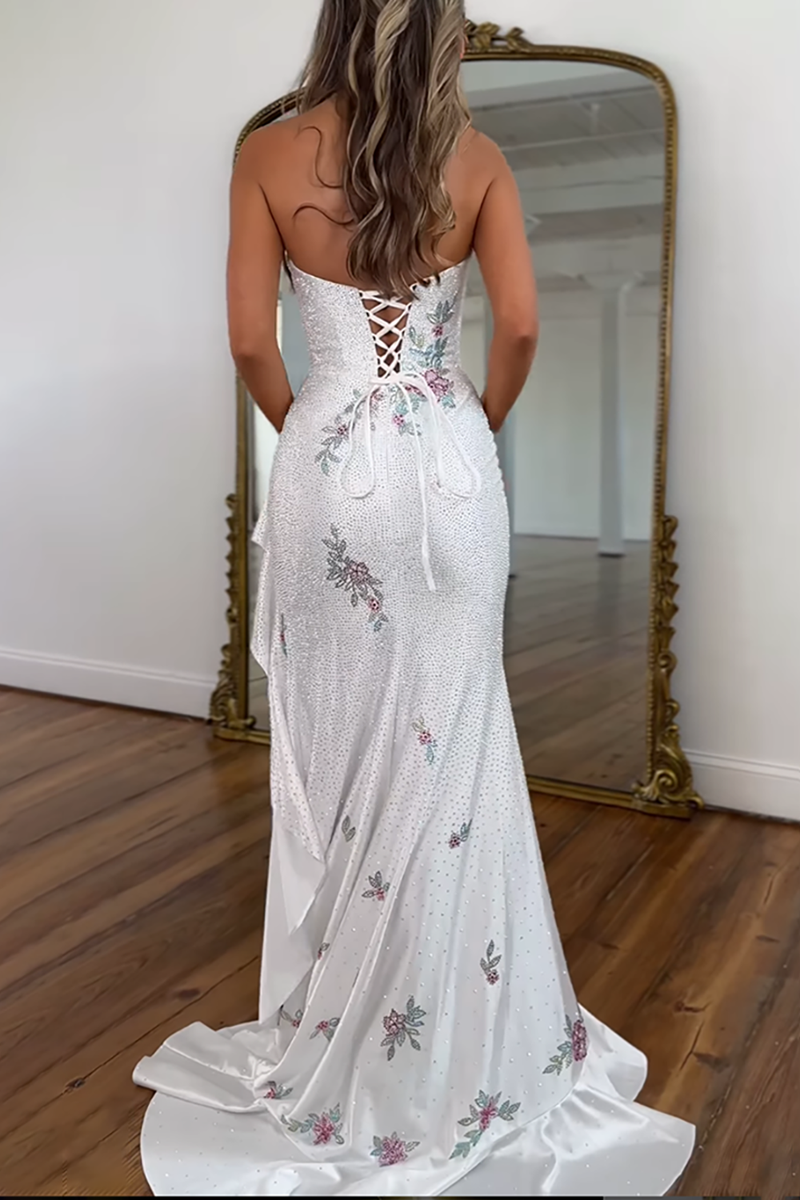 Load image into Gallery viewer, Sparkly White Floral Ruffled Strapless Maxi Prom Dress with Slit