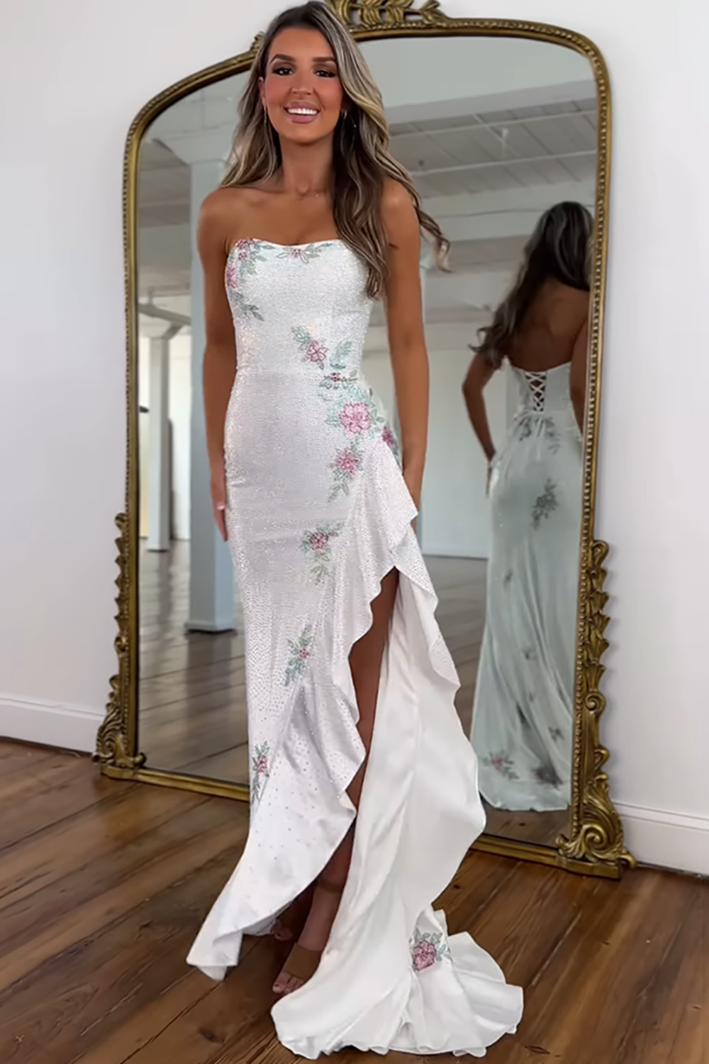 Sparkly White Floral Ruffled Strapless Maxi Prom Dress with Slit