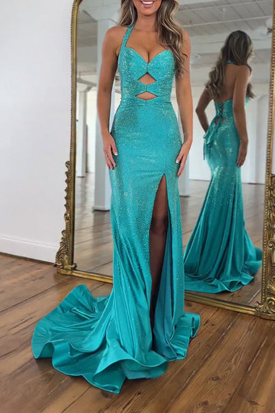 Sparkly Peacock Green Keyhole Halter Maxi Prom Dress with Slit