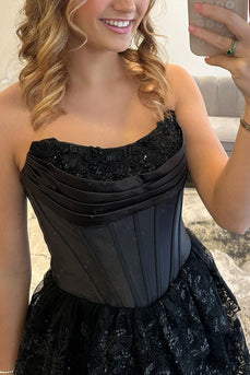 Black Ruffled Corset Sweetheart Maxi Prom Dress with Slit