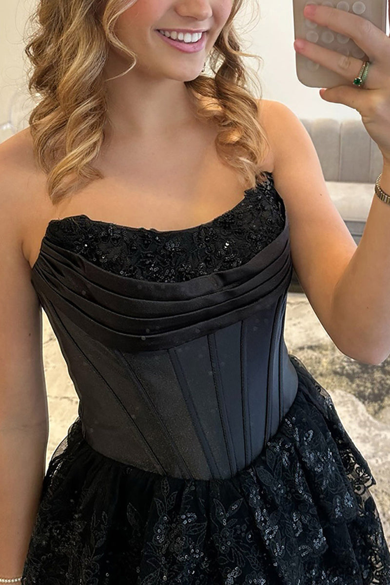 Load image into Gallery viewer, Black Ruffled Corset Sweetheart Maxi Prom Dress with Slit