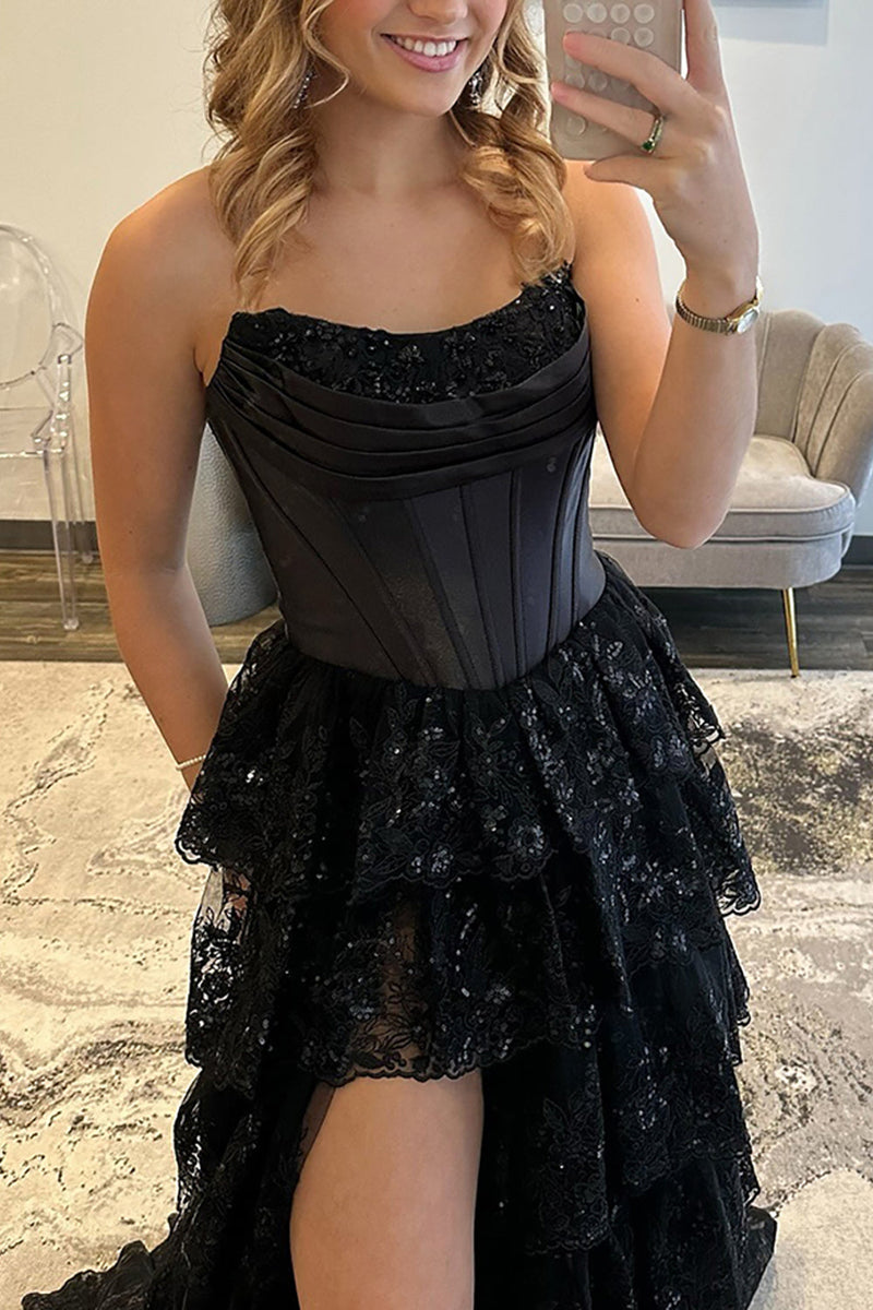 Load image into Gallery viewer, Black Ruffled Corset Sweetheart Maxi Prom Dress with Slit