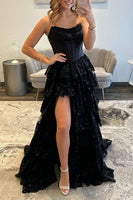 Load image into Gallery viewer, Black Ruffled Corset Sweetheart Maxi Prom Dress with Slit
