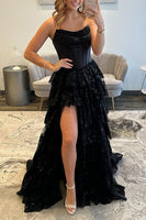 Load image into Gallery viewer, Black Ruffled Corset Sweetheart Maxi Prom Dress with Slit