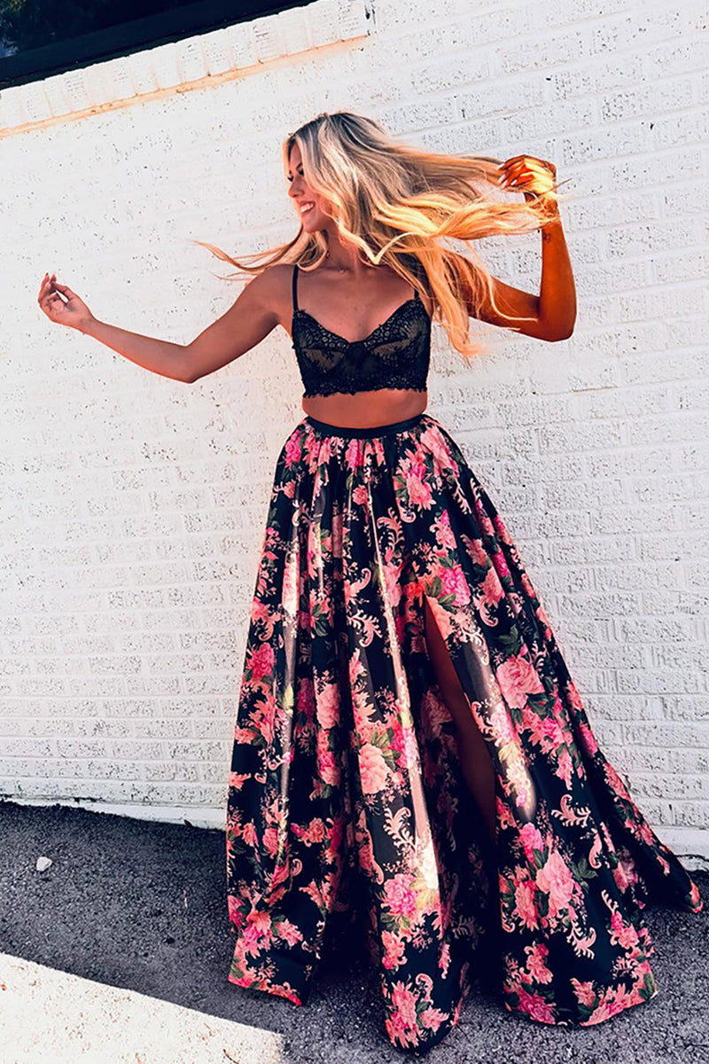 Load image into Gallery viewer, Black Red Flower 2 Piece A Line Spaghetti Straps Maxi Prom Dress