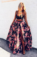 Load image into Gallery viewer, Black Red Flower 2 Piece A Line Spaghetti Straps Maxi Prom Dress