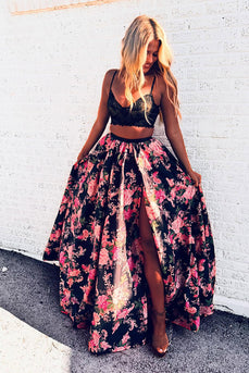 Black Red Flower 2 Piece A Line Spaghetti Straps Maxi Prom Dress