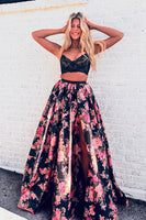Load image into Gallery viewer, Black Red Flower 2 Piece A Line Spaghetti Straps Maxi Prom Dress