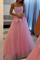 Load image into Gallery viewer, Pink Tulle Strapless Corset Ball Gown Maxi Prom Dress with Bow