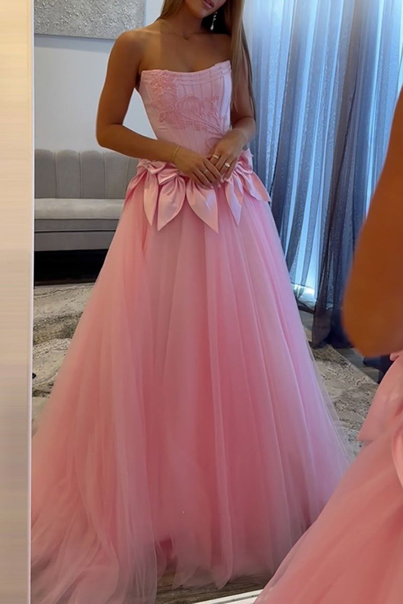 Load image into Gallery viewer, Pink Tulle Strapless Corset Ball Gown Maxi Prom Dress with Bow
