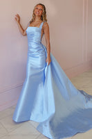 Load image into Gallery viewer, Sparkly Light Blue Beaded Satin Thick Straps Maxi Prom Dress with Side Cape