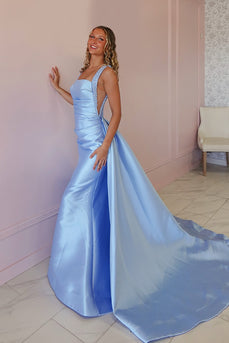 Sparkly Light Blue Beaded Satin Thick Straps Maxi Prom Dress with Side Cape