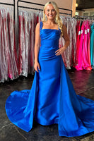 Load image into Gallery viewer, Sparkly Light Blue Beaded Satin Thick Straps Maxi Prom Dress with Side Cape
