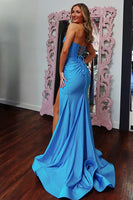 Load image into Gallery viewer, Sparkly Blue Beaded Strapless Corset Maxi Prom Dress with Slit