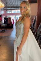 Load image into Gallery viewer, Sparkly White Sequin Sweetheart Maxi Prom Dress with Side Cape